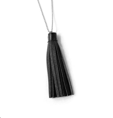 recycled black leather tassel necklace