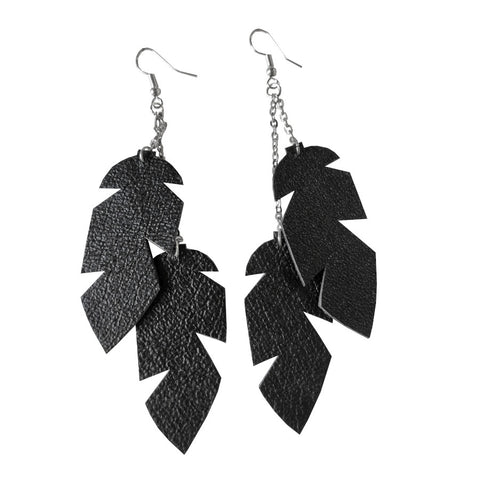 Recycled Leather Feather Earrings - DOUBLE