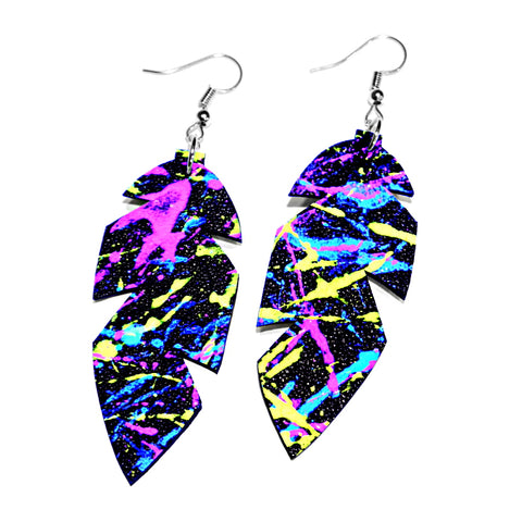 Recycled UV-painted Leather Feather Earrings